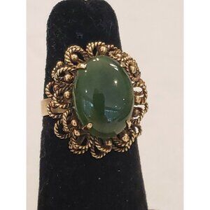 ORNATE Ladies 14k Yellow Gold Marquise Shape Jade Filigree Band Estate Ring